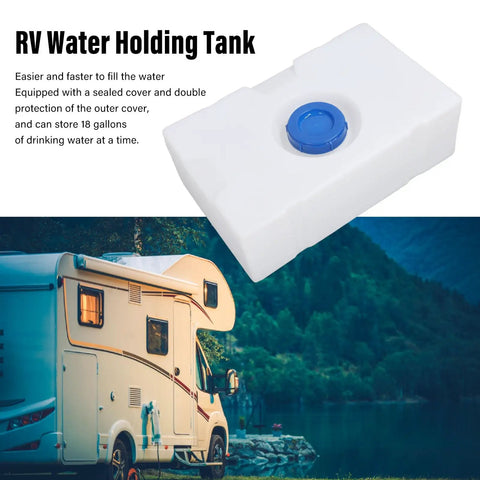 18 Gallon RV Water Tank For Fresh Water Storage And Transport Durable LLDPE Holding Tank For Trailer Boat Yacht And Home Plumbing Replacement Solid Go To Choice For Drinking Water And Daily Use, shown near an RV