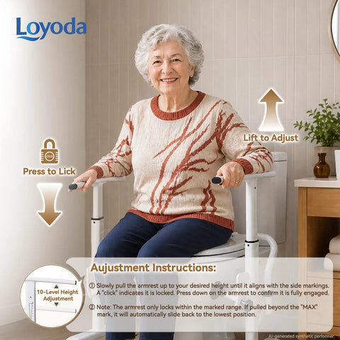 Woman using Solid as a Rock Toilet Safety Rails with Heavy Duty Grab Bars, height adjustable, ensuring stability in bathroom.