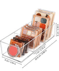 Sleek 3 Compartment Acrylic Organizers For Bathroom Vanity Counters Keeps Makeup And Cosmetics In Drawers Or On Desks This Compact Storage Case Is A Total Game Changer To Clear The Clutter And Keep Your Space Looking Crisp And Totally On Fleek displaying various makeup palettes and a blush, measuring 9 x 3.54 x 2.36 inches.