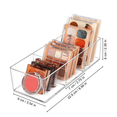 Sleek 3 Compartment Acrylic Organizers For Bathroom Vanity Counters Keeps Makeup And Cosmetics In Drawers Or On Desks This Compact Storage Case Is A Total Game Changer To Clear The Clutter And Keep Your Space Looking Crisp And Totally On Fleek displaying various makeup palettes and a blush, measuring 9 x 3.54 x 2.36 inches.