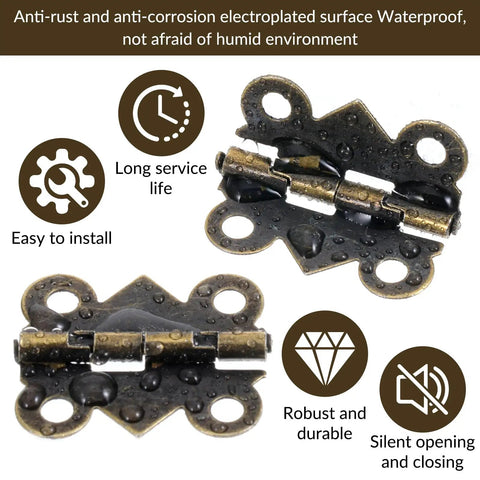 Close-up of 12 Pcs Small Brass Hinges With Screws 1 Inch Retro Vintage Bronze Butterfly Style Hinge Set showing durability features.