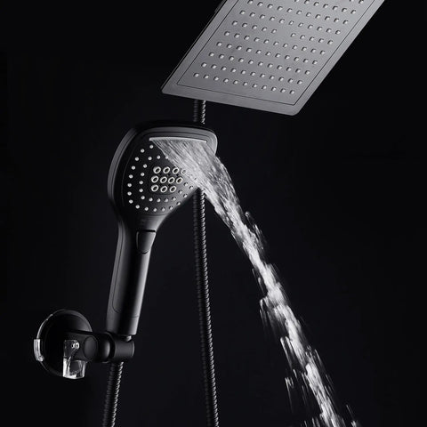 Ultra Luxury 9 Inch Rainfall Shower Head And Handheld Combo With Push Button Flow Control For One Handed Operation In Matte Black
