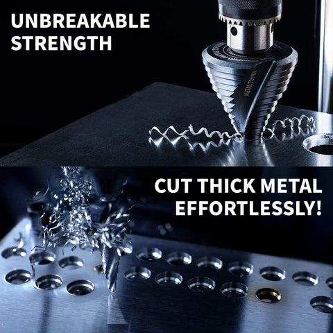 Built Tough Step Drill Bit Set With Fifteen Progressive Steps From One Quarter Inch To Two And One Half Inches M35 HSS Cobalt TiAlN Coating Delivers Sixty Eight Percent Faster Drilling And Four Hundred Fifty Percent Longer Life One Half Inch Shank drilling metal for precise holes
