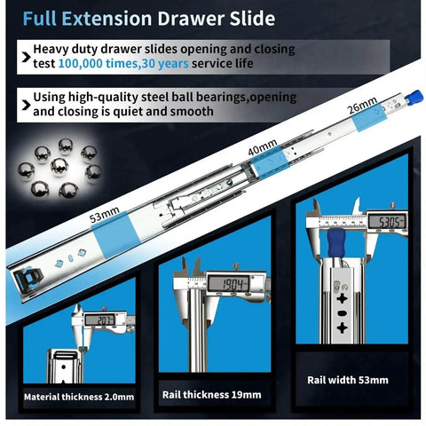 Heavy Duty Drawer Slides With Lock In Out 53mm Rails Full Extension Ball Bearing Runners showing measurements and features