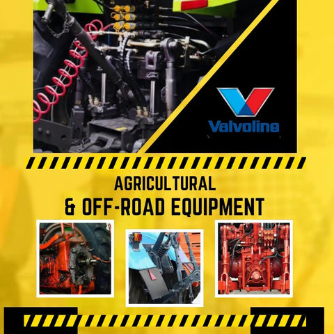 Agricultural and off-road equipment collage with Valvoline logo and machinery images on yellow background.