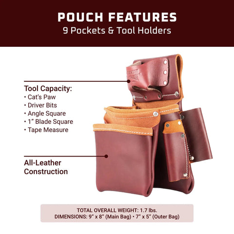 Image showing a 2 Pouch Pro Fastener Bag With 9 Pockets And Tool Holders, All Leather Construction, Built For On The Job Organization.