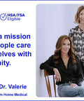 Two women from Boom Home Medical promoting dignity in self-care with HSA/FSA eligibility message