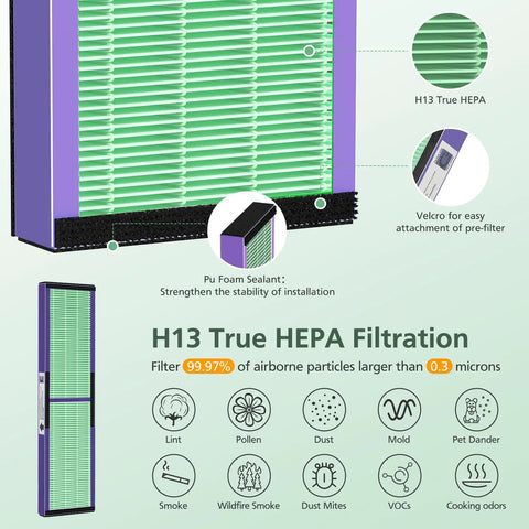 Illustration of HEPA filter showing details of Pu foam sealant and Velcro with benefits of H13 True Filtration for particles.