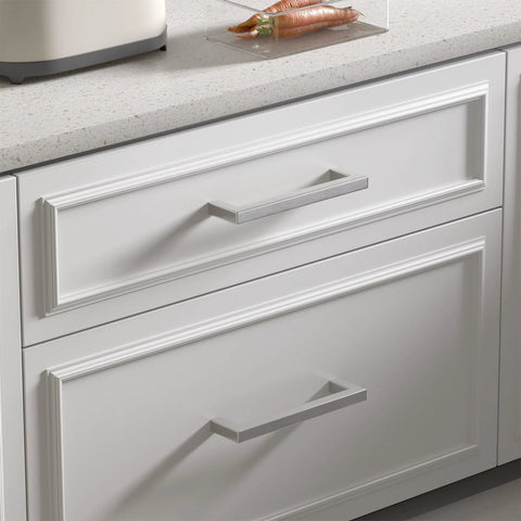 30 Pack 5 Inch Brushed Nickel Cabinet Pulls Square Drawer Handles For Kitchen Cabinets Cupboards And Dressers on white drawers