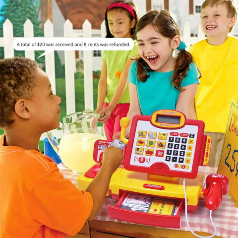 Children playing with Pretend Play Cash Register Toy With Barcode Scanner Calculator Microphone Play Food And Supermarket Checkout Gear For Kids