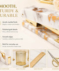 Gold Marble Desk Accessory Set 13-Piece For Women - stapler, tape dispenser, pen holder, gold ruler, scissors, chic desk kit