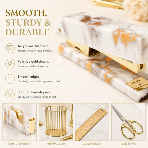 Gold Marble Desk Accessory Set 13-Piece For Women - stapler, tape dispenser, pen holder, gold ruler, scissors, chic desk kit