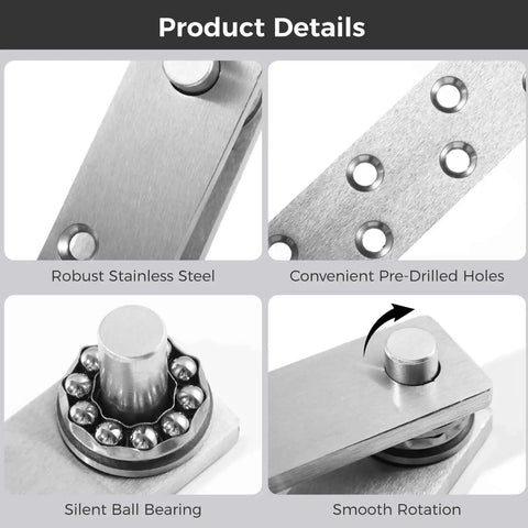 Close-up of 2 Pack Beefy Heavy Duty Pivot Hinges with bearing style hidden hardware showing stainless steel details and features.