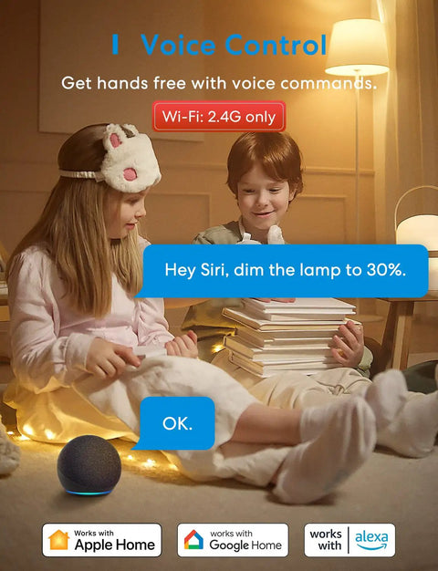 Children using Smart WiFi LED Bulb Dimmable A19 E26 Warm White 2700K, 810 Lumens, 9W 60W Equivalent, in bedroom with voice control