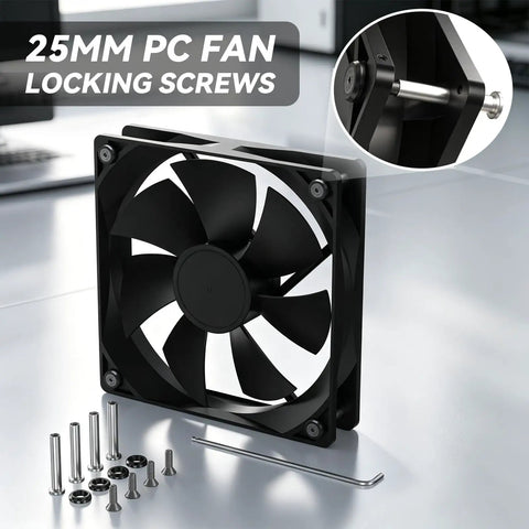 Top Shelf PC Case Fan Screws For 25mm Units Including 20 Pack, black screws and fan for secure PC cooling.
