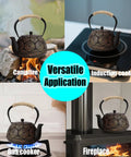 Tetsubin Style Cast Iron Teapot 40oz Enamel Coated Stovetop Kettle With Stainless Steel Infuser And Heat Resistant Handle on various heat sources: campfire, induction cooker, gas cooker, and fireplace.