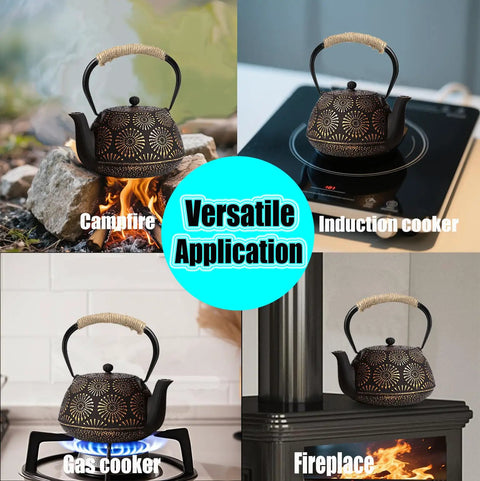 Tetsubin Style Cast Iron Teapot 40oz Enamel Coated Stovetop Kettle With Stainless Steel Infuser And Heat Resistant Handle on various heat sources: campfire, induction cooker, gas cooker, and fireplace.