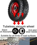 Built Tough 4 Pack Pneumatic Swivel Casters 8 Or 10 Inch Flat Free Rubber Wheels With Solid Steel Brackets for tubeless vacuum wheel showing tread and red rim.