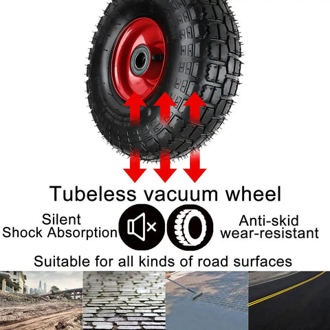 Built Tough 4 Pack Pneumatic Swivel Casters 8 Or 10 Inch Flat Free Rubber Wheels With Solid Steel Brackets for tubeless vacuum wheel showing tread and red rim.