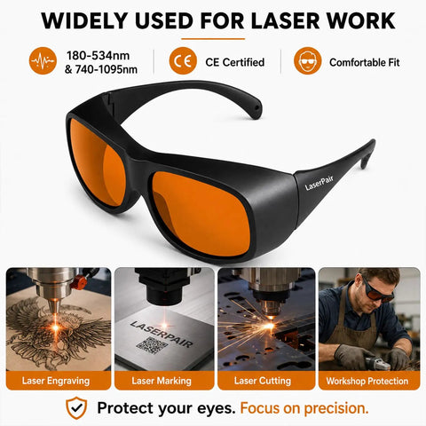 Pro Grade Multi Wavelength Laser Safety Glasses With Heavy Duty Optics Spanning 180 To 1095 Nm For Industrial Medical And Lab Work That Keep Your Vision Crisp And Bulletproof, black frame with orange lenses.
