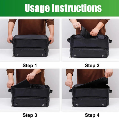 Step-by-step assembly of Golf Trunk Organizer With Two Layer Storage And Separate Compartment For Two Pairs Of Shoes shown in four images