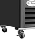 Top Shelf Commercial Glass Two Door Display Refrigerator And Upright Beverage Cooler With Bright LED Lighting For Drinks Prepared Foods And Groceries Straight Up 45 Cubic Foot Capacity In Sleek Black Finish, showing bottom corner with caster wheels.