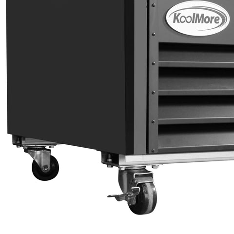 Top Shelf Commercial Glass Two Door Display Refrigerator And Upright Beverage Cooler With Bright LED Lighting For Drinks Prepared Foods And Groceries Straight Up 45 Cubic Foot Capacity In Sleek Black Finish, showing bottom corner with caster wheels.