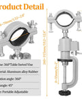 360 Degree Table Clamp Vise Drill Stand For Drill Grinder And Rotary Tool Adjustable Bench Mount With Replaceable Clamps For Woodworking And Metalworking Sturdy Aluminum Alloy Build shown in product detail with dimensions and materials labeled.