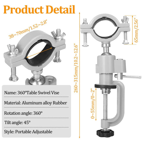 360 Degree Table Clamp Vise Drill Stand For Drill Grinder And Rotary Tool Adjustable Bench Mount With Replaceable Clamps For Woodworking And Metalworking Sturdy Aluminum Alloy Build shown in product detail with dimensions and materials labeled.