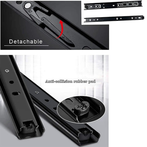 Built Like a Tank Ball Bearing Drawer Slides For Kitchen Cabinets And Desk Setups, showing detachable mechanism and anti-collision rubber pad.