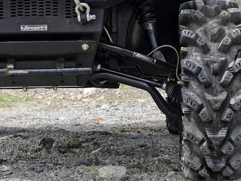 One Point Five Inch Forward Offset A Arms For Polaris Ranger 2010 2016 XP 800 XP 800 Crew 800 6x6 Fits Up To 28 Inch Tires With Standard Duty Preinstalled Ball Joints No Lift Required And One Point Twenty Five Inch Tubing Larger Than Stock UV Finish front suspension near tire