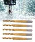 Front view of 5Pcs tungsten steel end mills, 3-flute, gold-coated with gray shanks
