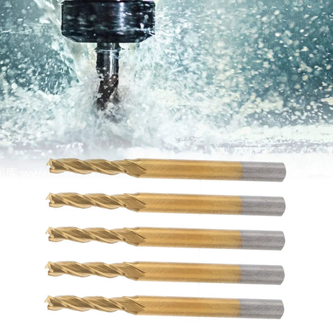 Front view of 5Pcs tungsten steel end mills, 3-flute, gold-coated with gray shanks