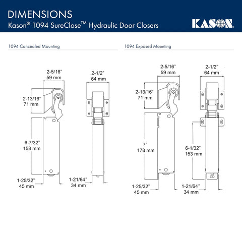 Detailed dimensions of SureClose Hydraulic Door Closer with concealed and exposed mounting options, showing width and length measurements.