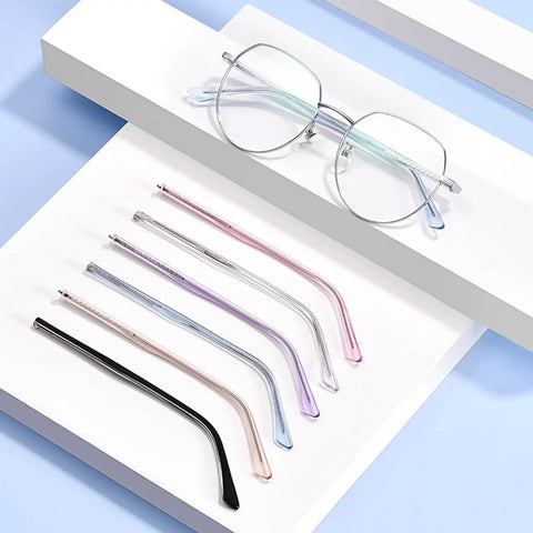 Universal Eyeglass Replacement Temples Black Glasses Arms Legs Complete Repair Set with six colorful temple arms laid out.