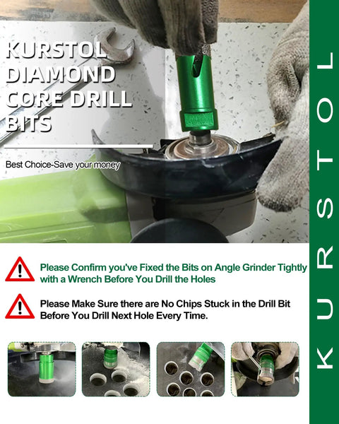 Pro Grade Tile Hole Saw Kit With Tough As Nails Diamond Core Bits And Precision Chamfer Attachments for Angle Grinder use.
