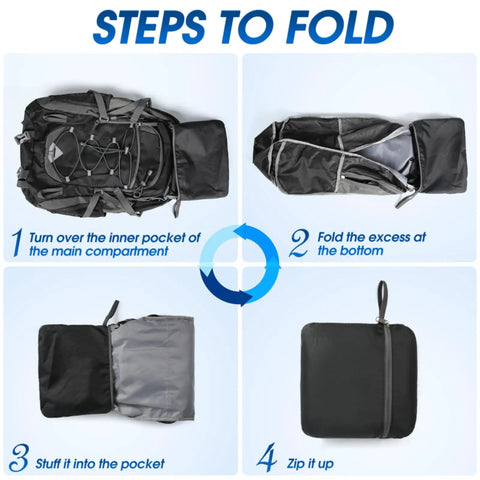 Folding steps for 40L Packable Hiking Backpack For Men And Women Lightweight Waterproof Daypack With Large Capacity, Multiple Compartments