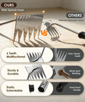 Comparison of Six Tooth Dual Head Weed Puller Tool Upgraded 2026 and basic rake showing features and design differences.