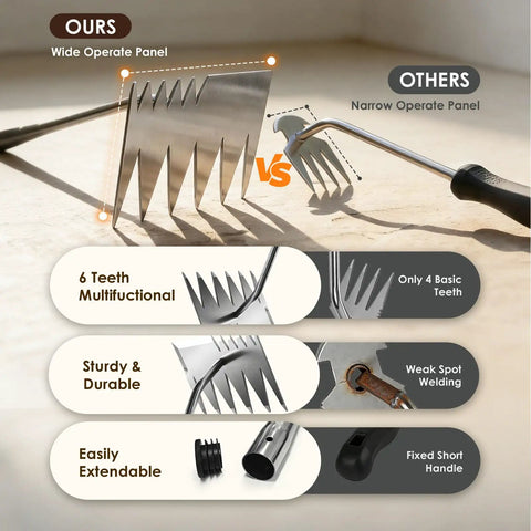 Comparison of Six Tooth Dual Head Weed Puller Tool Upgraded 2026 and basic rake showing features and design differences.