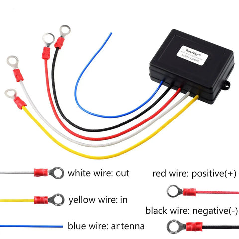 Wireless Winch Remote Control Kit wiring setup with waterproof receiver for 12V/24V vehicles, labeled wires visible