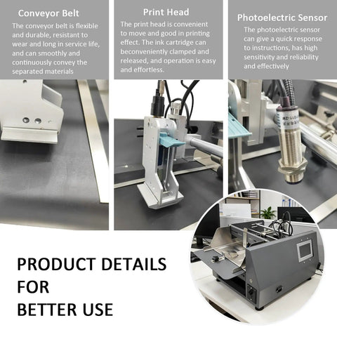 Automatic Desktop Paging Machine And Inkjet Printing Feeder For Bags Cards Cartons High Speed 60W Motor showing conveyor belt and print head.
