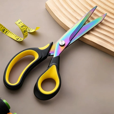 9.5 Inch Heavy Duty Titanium Coated Forged Stainless Steel Scissors For Fabric Leather Dressmaking Tailoring Home Office School Ultra Sharp All Purpose Shears That Slice Through 16 Plus Layer Fabrics Like Butter, rainbow blades with yellow handles