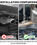 Before and after Heavy Duty Exhaust Hangers 2 Pack Flexible Swivel Muffler Tail Pipe Bracket installation comparison