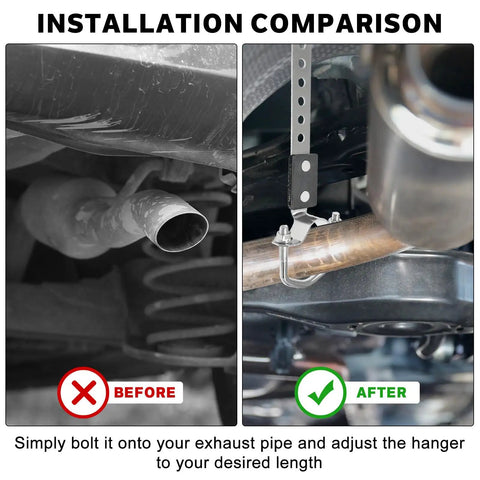 Before and after Heavy Duty Exhaust Hangers 2 Pack Flexible Swivel Muffler Tail Pipe Bracket installation comparison