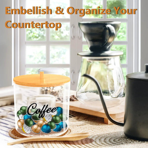 Large Capacity Coffee Pod Organizer With Bamboo Lid For Keurig Nespresso K Cups on countertop with coffee pods inside