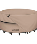 Round Patio Furniture Cover For 76 Inch Table And Chair Set, Waterproof Outdoor Protection, Heavy Duty 600D Polyester Canvas, shown fitted.