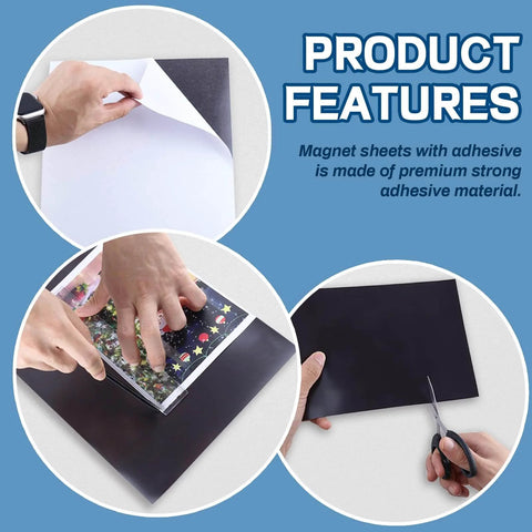 Flexible Magnetic Sheets With Adhesive Backing 8.5 X 11 Inches Pack Of 16 30 Mil Thick shown with cutting and application