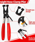 Straight hose clamp plier with red handles from 5 Piece Auto Electrical Disconnect Pliers Kit with Connector and Terminal Removal Tools