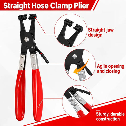 Straight hose clamp plier with red handles from 5 Piece Auto Electrical Disconnect Pliers Kit with Connector and Terminal Removal Tools