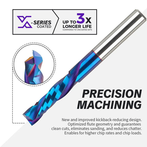 Badass Compression CNC Router Bits For Woodworking 2 Pack quarter inch shank and cut diameter with Naco nano coating for precision machining.